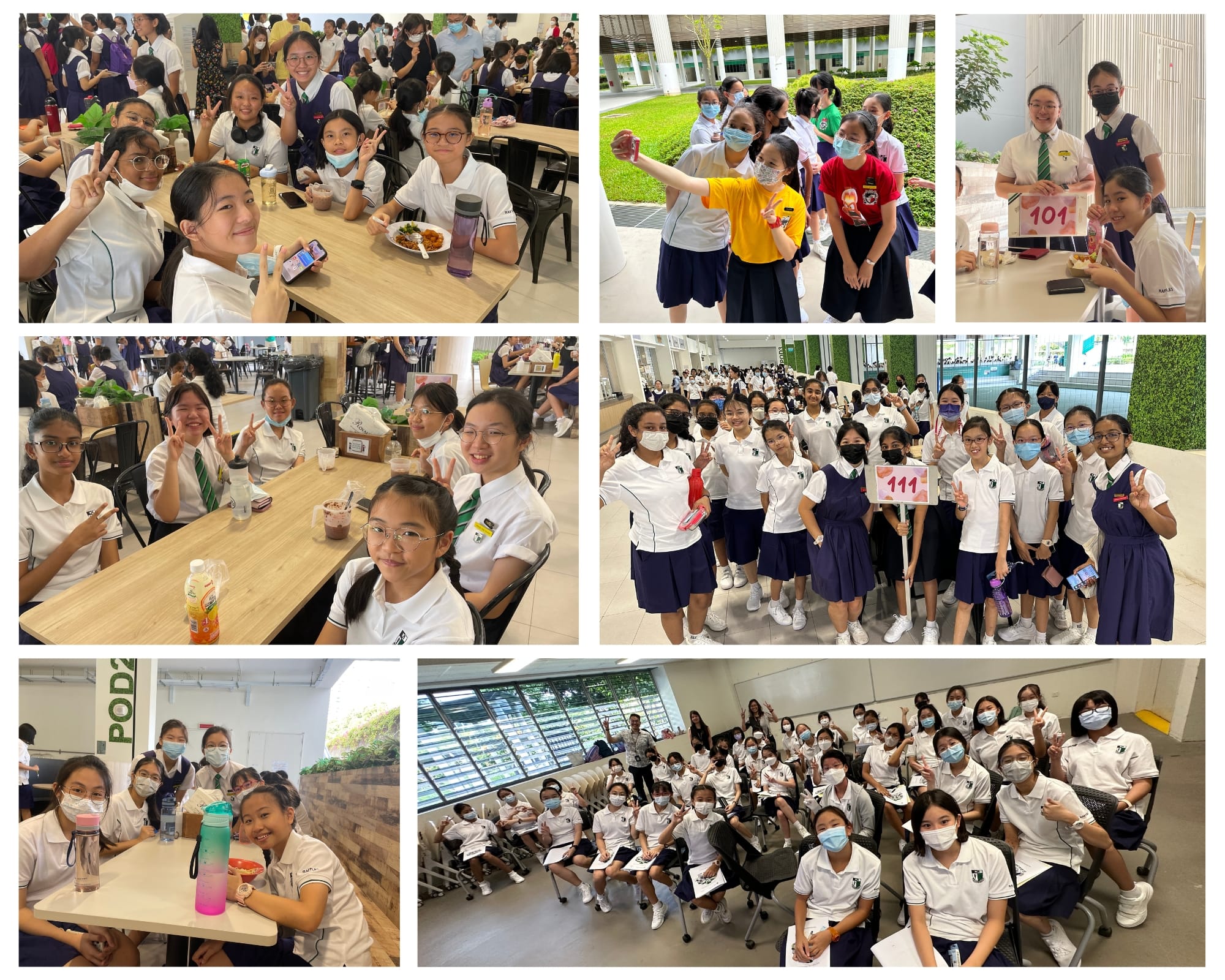 Students in white and navy school uniforms pose and make peace signs in various indoor and outdoor school settings.